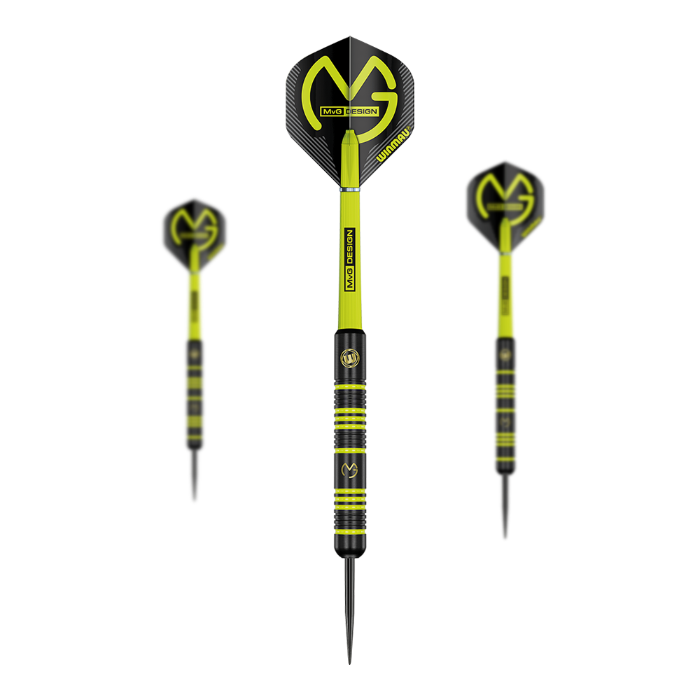 Das Bild zeigt drei Winmau Michael Van Gerwen MvG Ambition Steeldarts. Die Darts sind schwarz und neongelb mit dem MvG-Logo auf den Flights.